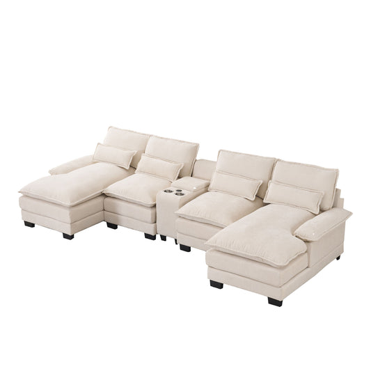 U Shaped Sofa With Console, Cupholders, USB Ports, 6 Seat, Bronzing Suede & Chenille