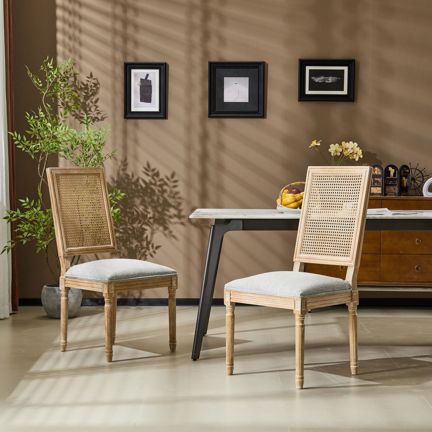 French Country Dining Chair With Rectangular Cane Backrest And Smooth Upholstered Seating