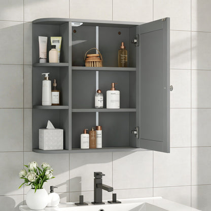 Bathroom Wall Storage Cabinet With Mirror And Adjustable Shelf, 6 Open Shelves