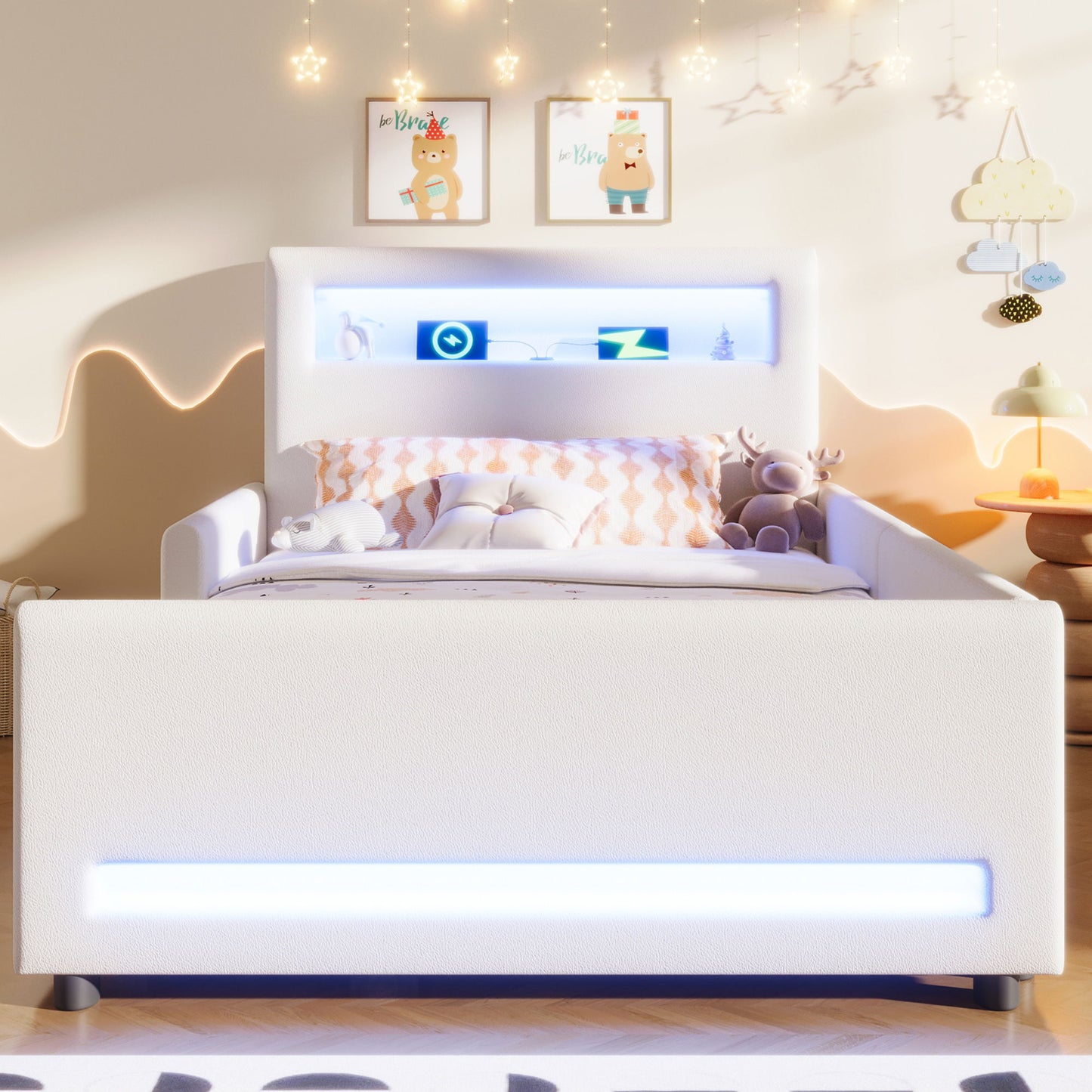 Upholstered Platform Bed With Drawer, LED Light Strip, USB Port