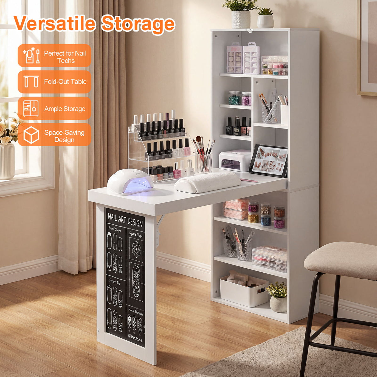 Folding Desk With Storage, Foldable Convertible Writing Table With Blackboard And Shelves For Home Office