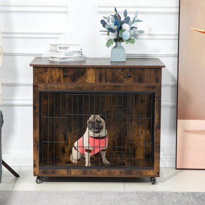 Dog Crate Furniture, Wooden Dog House, Decorative Dog Kennel With Drawer, Indoor Pet Crate End Table For Small Dog, Steel-Tube Dog Cage, Chew-Proof