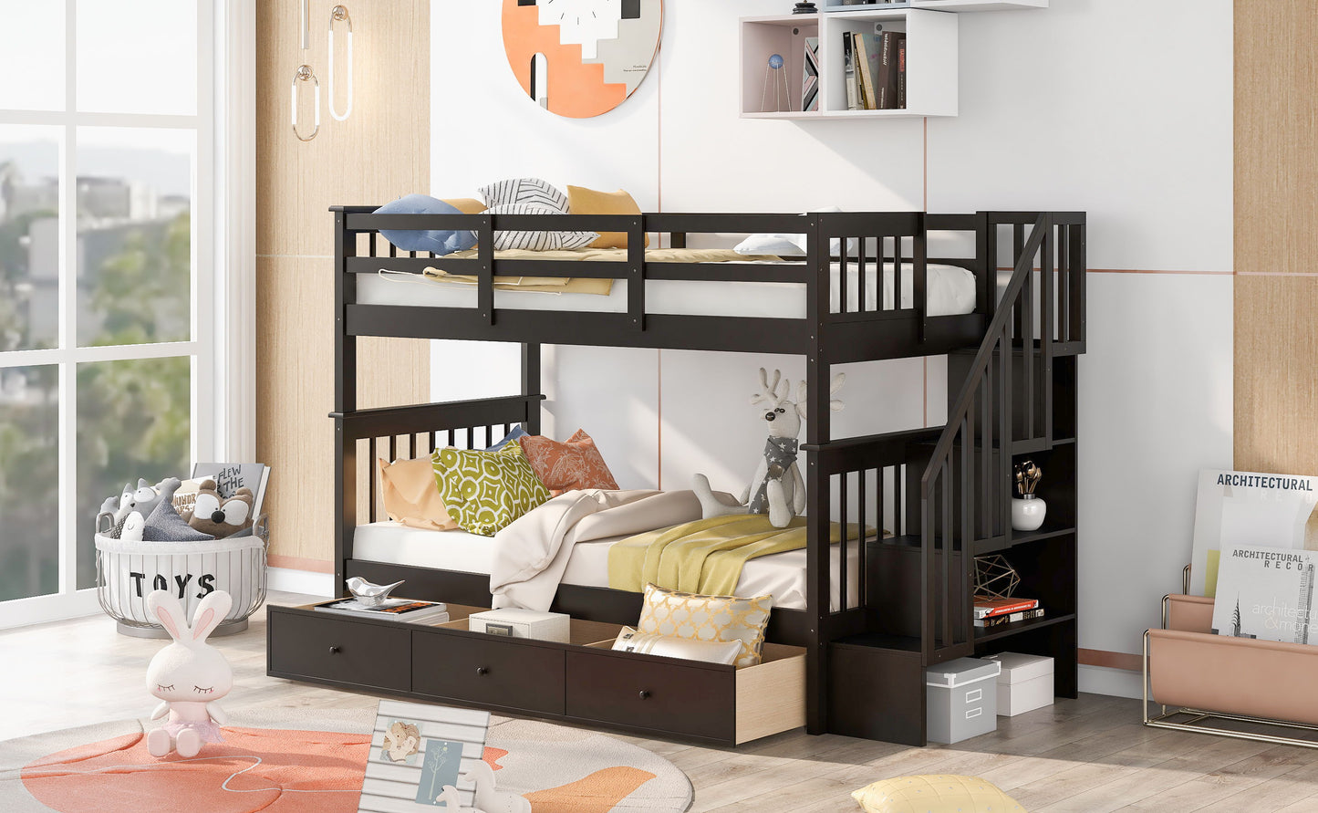 Stairway Twin Over Twin Bunk Bed With Three Drawers For Bedroom, Dorm