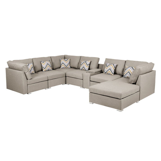 Lucy - Fabric Reversible Modular Sectional Sofa With USB Console And Ottoman - Beige