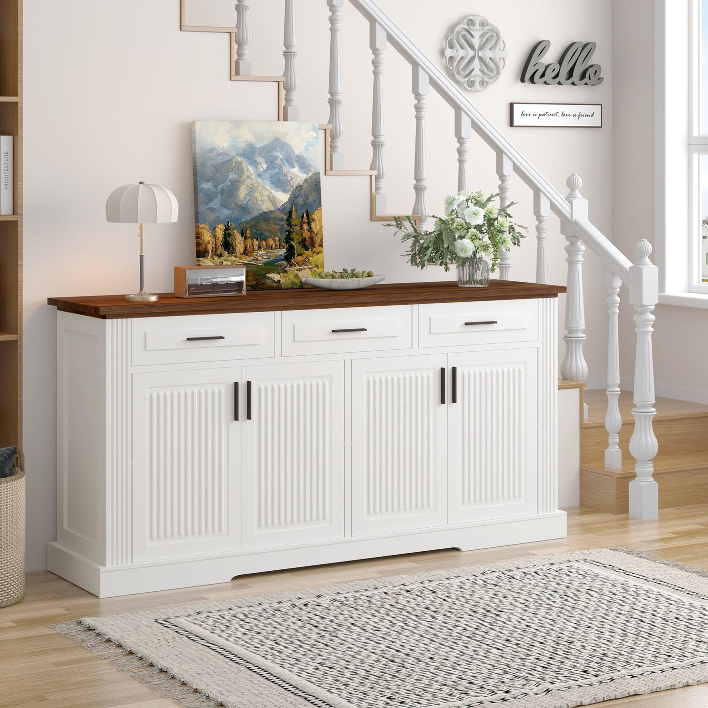 Fluted Sideboard Buffet Cabinet With 4 Doors And 3 Drawers
