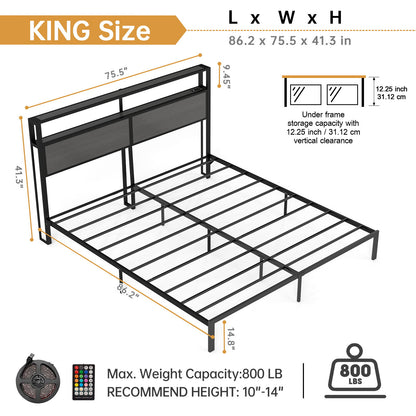 Bed Frame With Headboard, LED Lights & Charging Station