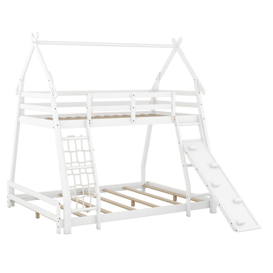 Twin Over Queen House Bunk Bed With Climbing Nets And Ramp - White