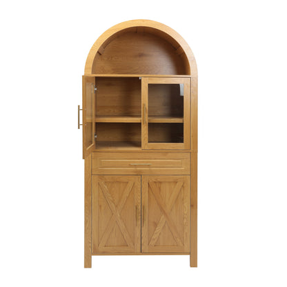 Arched Kitchen Pantry Cabinet With Adjustable Shelves And Barn Door Design