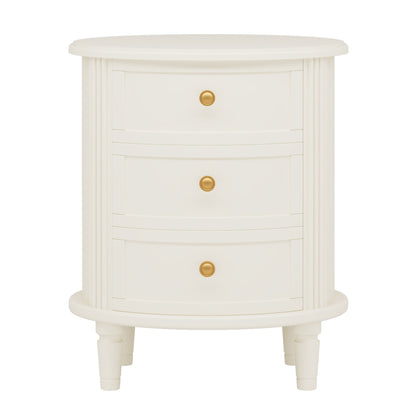 Oval Nightstand With 3 Drawers, Bedside Table - White