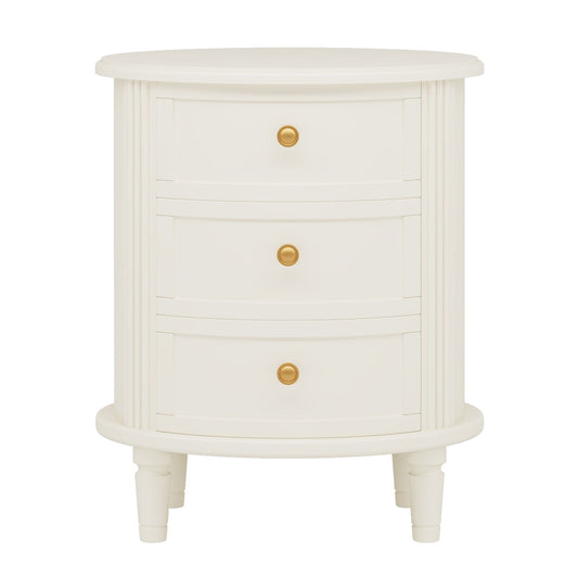 Oval Nightstand With 3 Drawers, Bedside Table - White