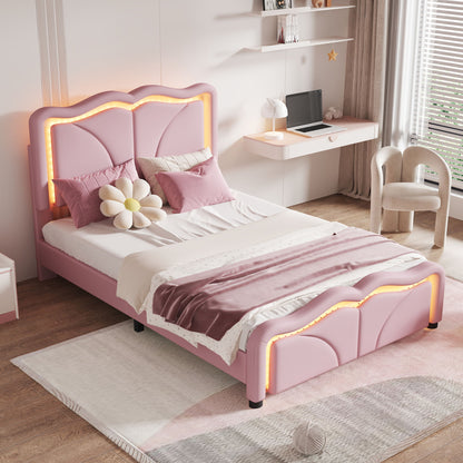 Upholstered Platform Bed & Curve Shaped And Height Adjustable Headboard, LED Light Strips