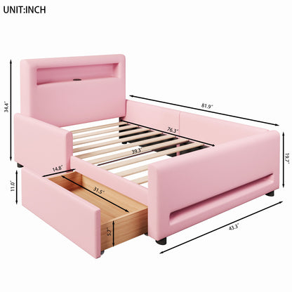 Upholstered Platform Bed With Drawer, LED Light Strip, USB Port