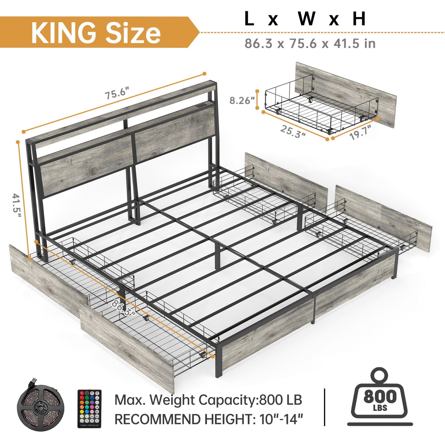Bed Frame With Headboard, LED Lights & Charging Station