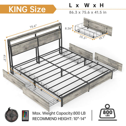 Bed Frame With Headboard, LED Lights & Charging Station