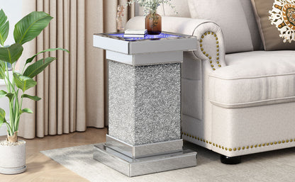 Square Mirrored End Table With Led Lights, Modern Side Table With Crystal Inlay For Living Room