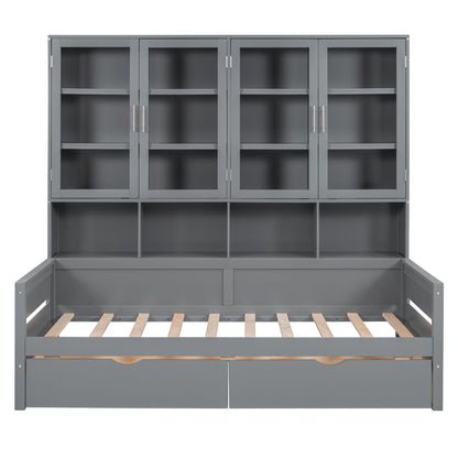 Daybed With Glass Door Storage Cabinets, Built In LED Lighting And Shelves