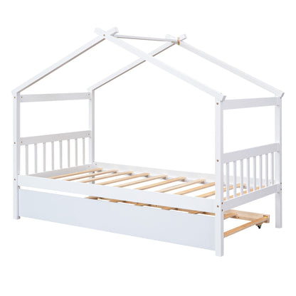 Wooden House Bed With Twin Size Trundle