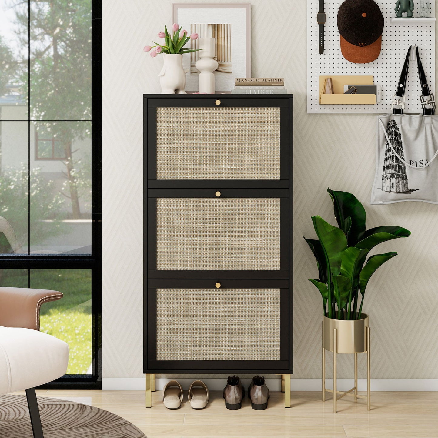 Modern Rattan 3 Door Shoe Rack Cabinet For Entryway