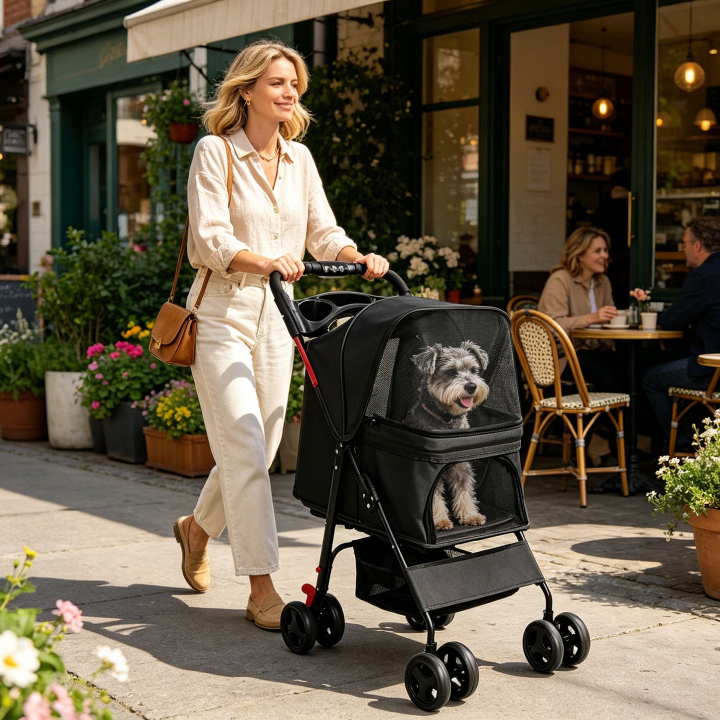 Foldable Pet Stroller For Small Dogs And Cats With Multi Functional Tray