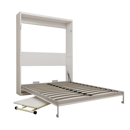 Queen Size Wall Mounted Murphy Bed With Manual Height Adjustable Desk, Cabinet & Frame & Computer Desk - White