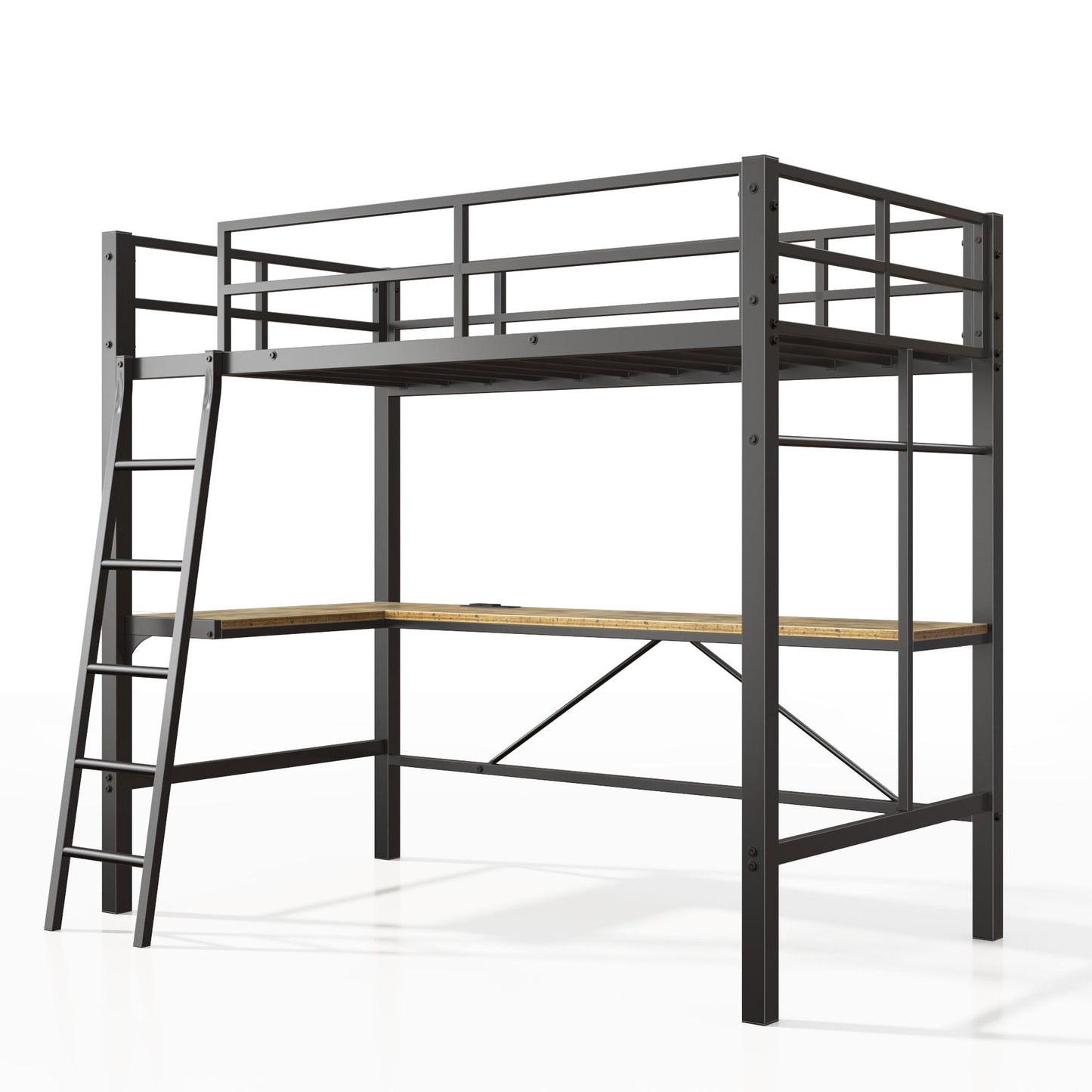 Twin Metal Loft Bed With L - Shaped Desk, Charging Station Loft Bed Frame Twin Size, Safety Guard & Ladder, No Box Spring Needed - Black