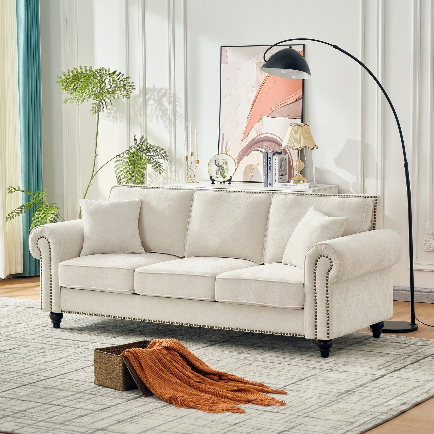 3 Seater Sofa With Tufted Upholstery, Rolled Arms, Nailhead Trim