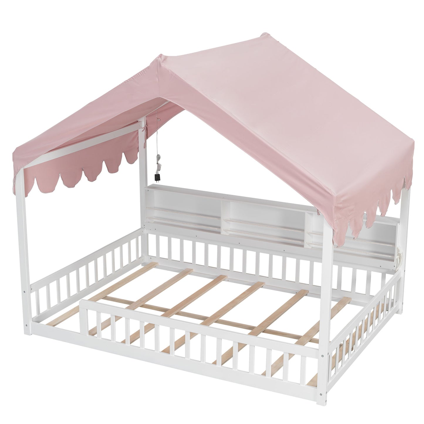 House Shaped Floor Bed With Fense, 3 Storage Bookshelves, Curtain And LED Light