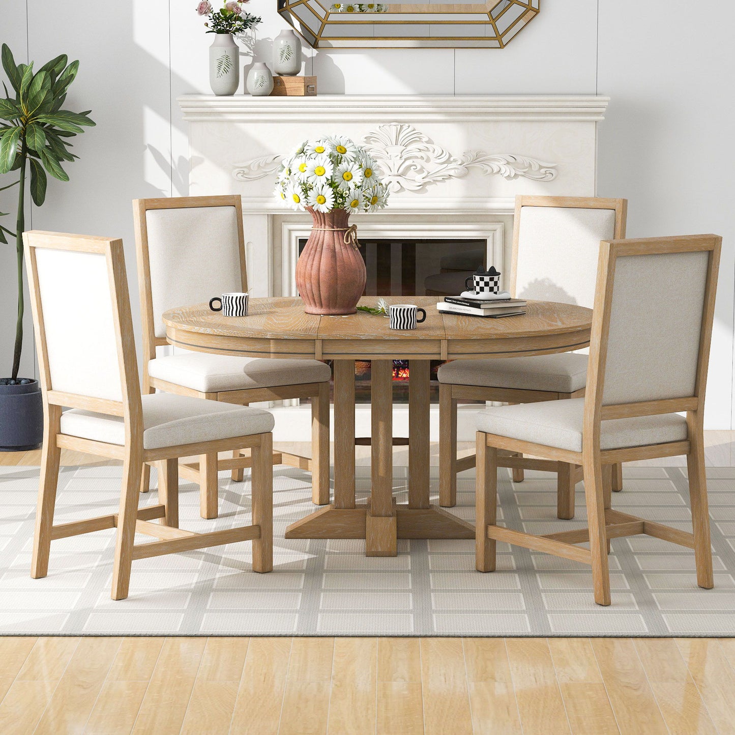 5 Piece Dining Set With Extendable Round Table And Upholstered Chairs