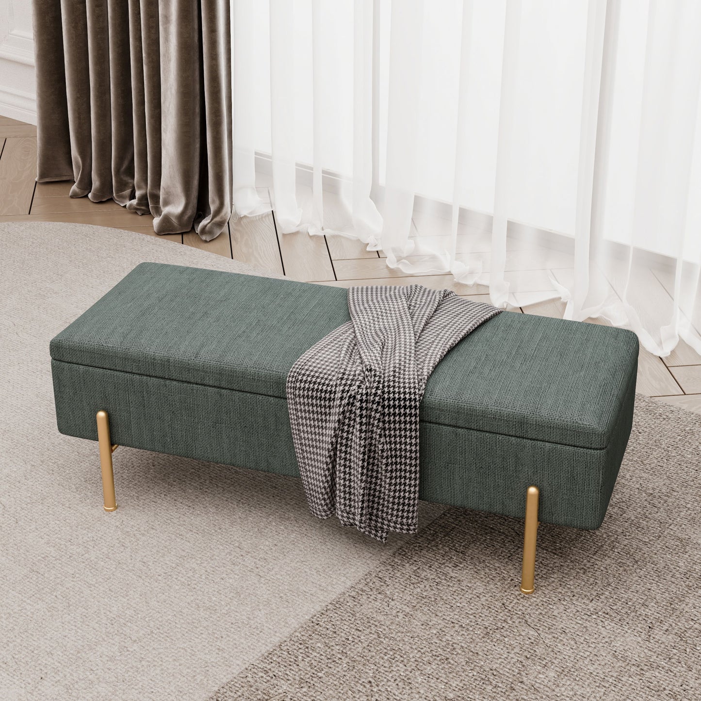 Upholstered Storage Bench Rectangular Ottoman Entryway Bench Storage Chest With Padded Seat Bed End Stool For Hallway Living Room Bedroom - Green