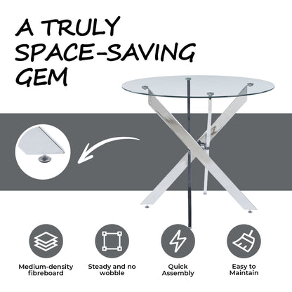 Dining Table With Cross Metal Leg And Tempered Glass, Modern Space Saving Kitchen Table For Living Room