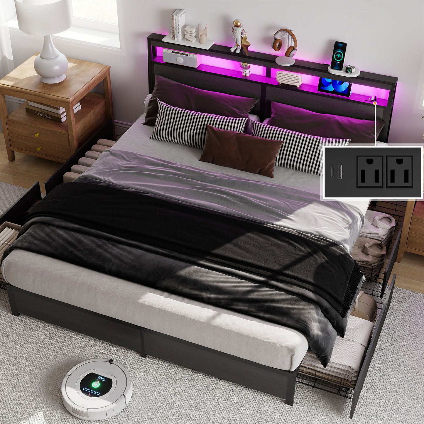 Bed Frame With Headboard, LED Lights & Charging Station