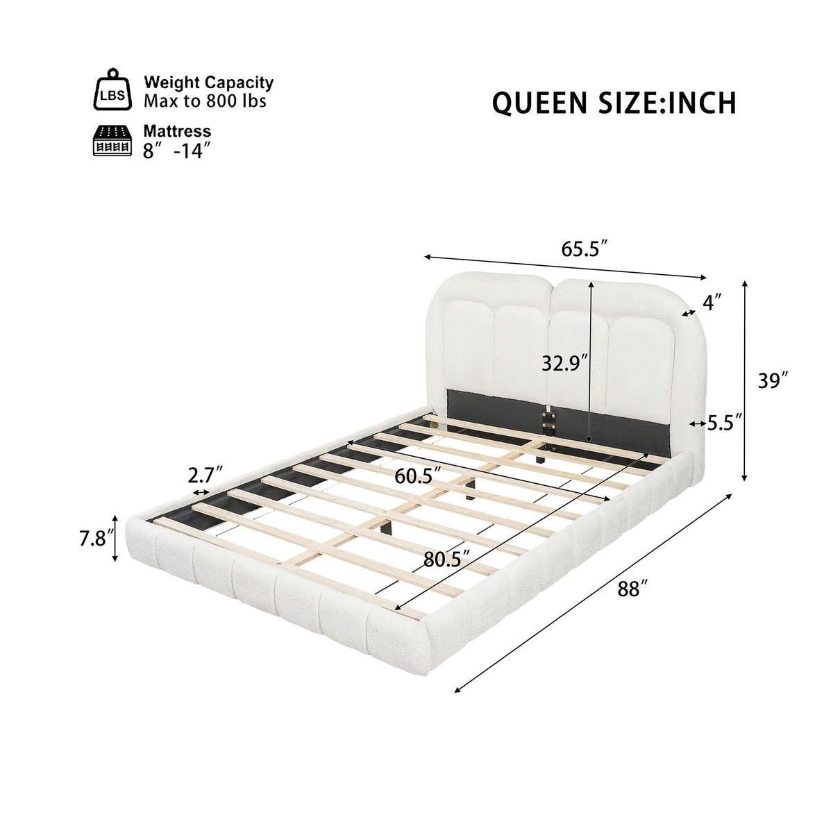 Queen Size Upholstered Platform Bed With Tufted Headboard - White