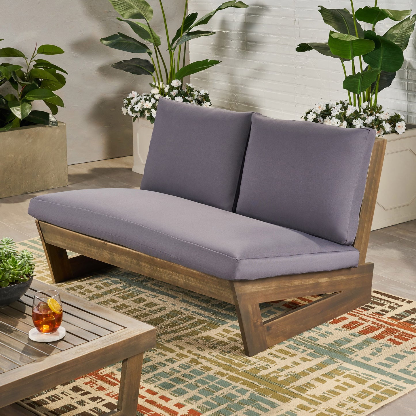 Outdoor Loveseat With Slat Paneling And Water Resistance Cushion - Dark Gray