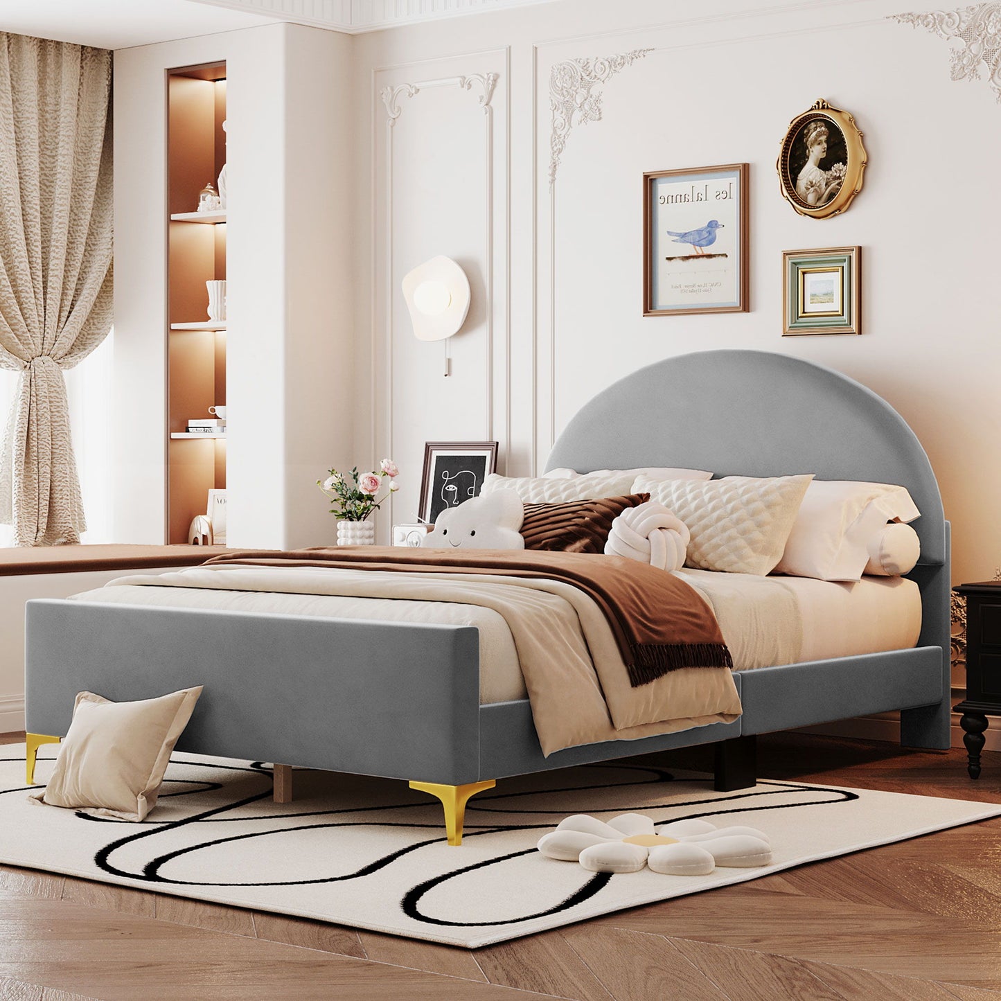 Upholstered Platform Bed With Classic Semi-Circle Shaped Headboard