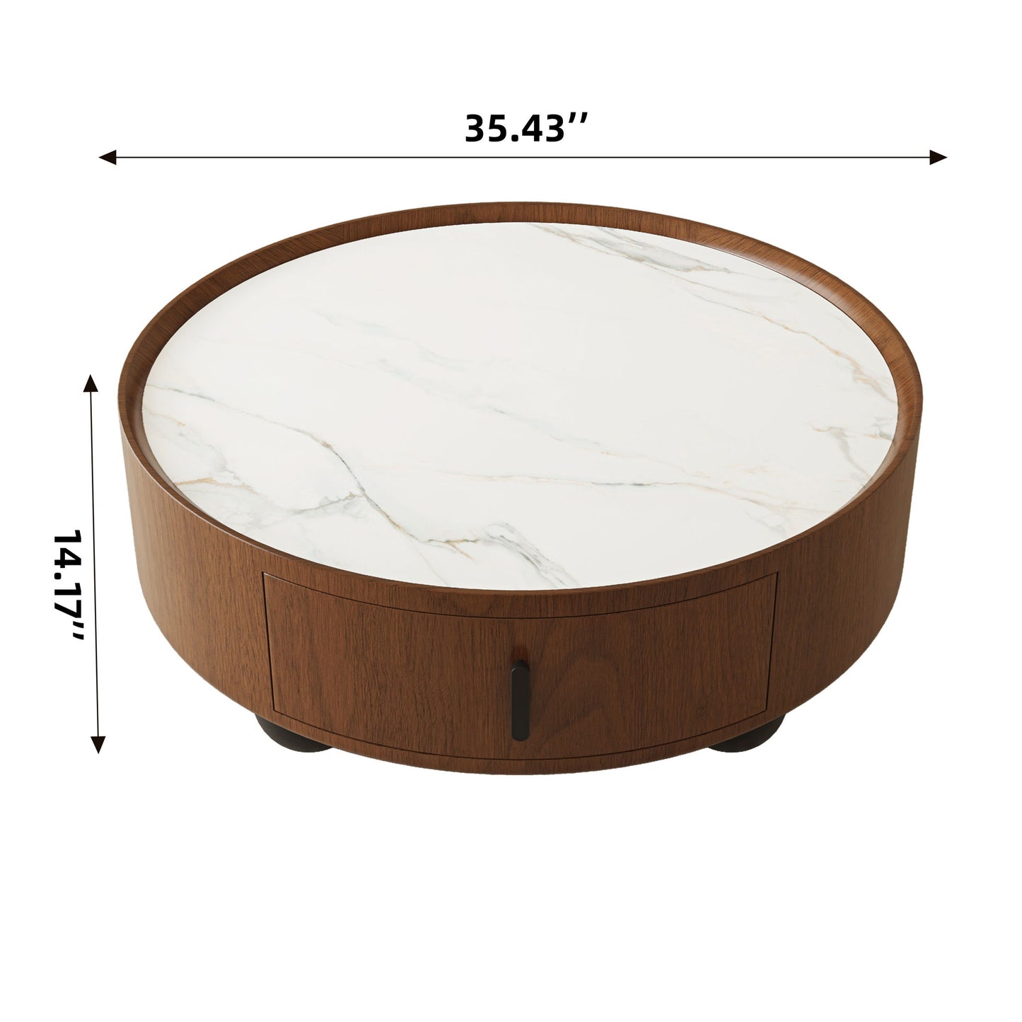 Round Coffee Table With Ball Feet, Pull Handle Storage Drawer - Bouguer Walnut / Brown