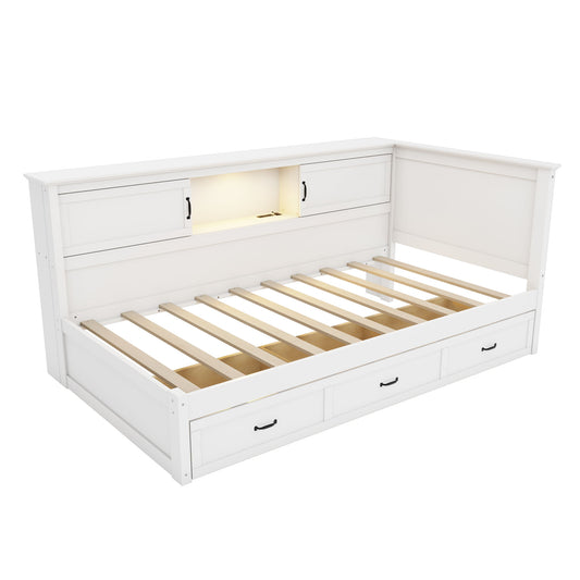 L Shaped Bed Frame With Drawer And And Bookcase With LED Downlight And USB Port