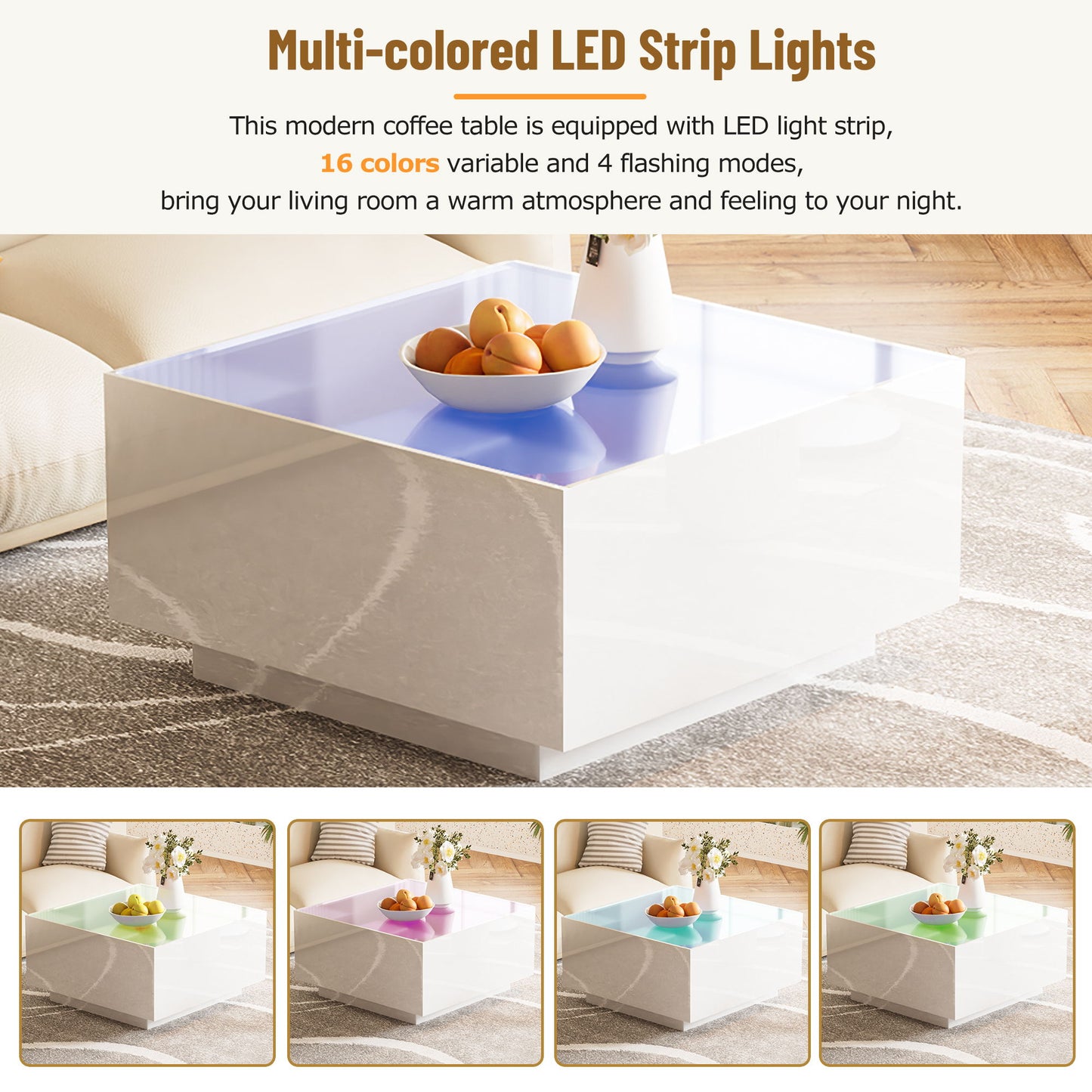 Square High Glossy Coffee Table With 16 Color Led Strip Lights, Modern Center Table With 5Mm Frosted Tempered Glass Top For Living Room