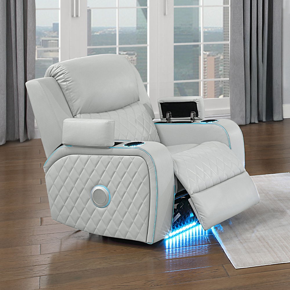 Elonzo - Power Motion Recliner With LED, Power Headrest & Speaker - Light Gray