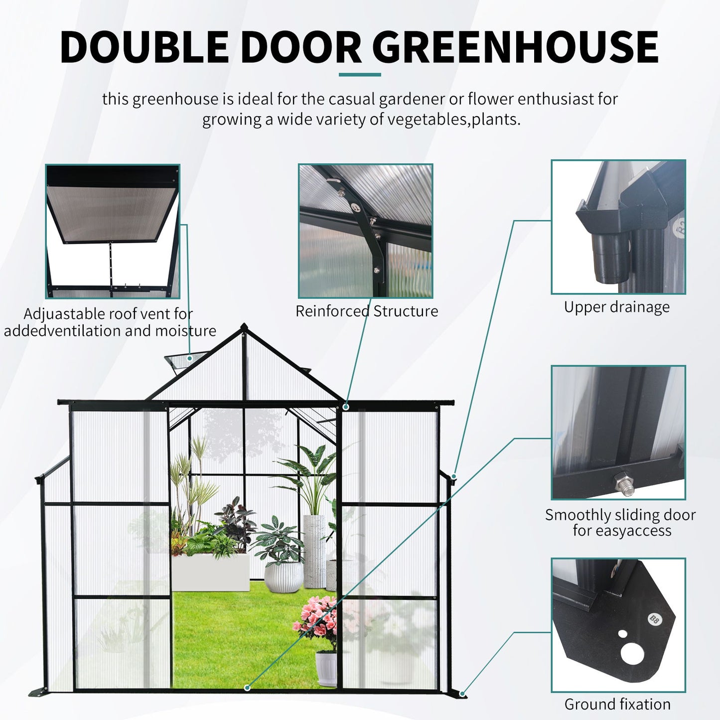 Double Door Polycarbonate Greenhouse Raised Base And Anchor Aluminum Heavy Duty Walk In Greenhouses For Outdoor Backyard In All Season