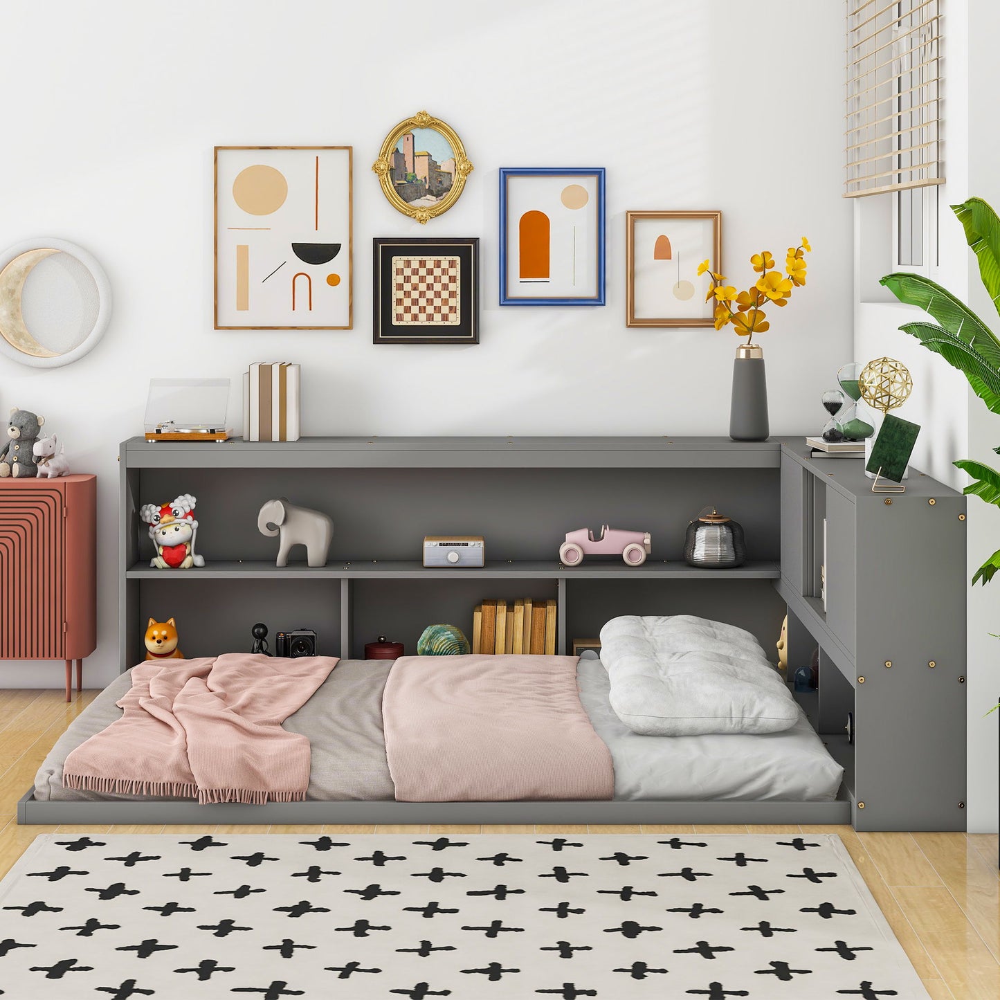 Floor Bed With L-Shaped Bookcases, Sliding Doors, Without Slats