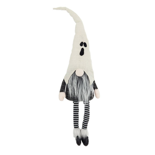 Sitting Gnome With Ghost Hat, For Halloween Decor - Black White