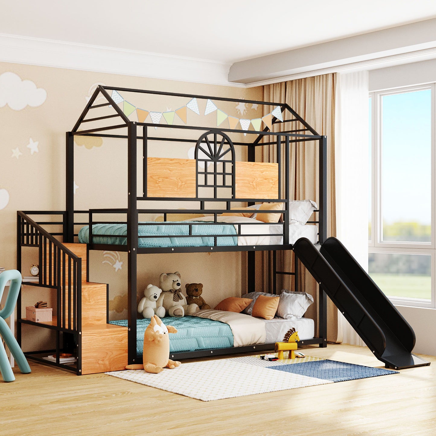 Metal Bunk Bed, Metal Housebed With Slide And Storage Stair