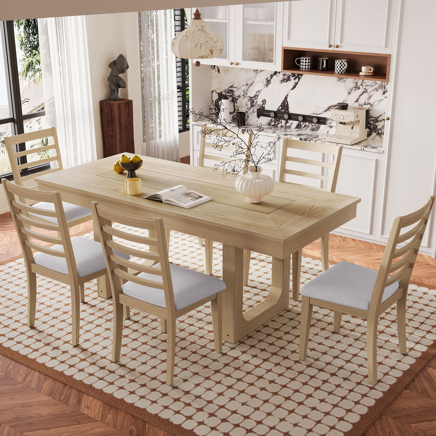 Extendable Dining Set, Farmhouse Extendable Table With Upholstered Chairs