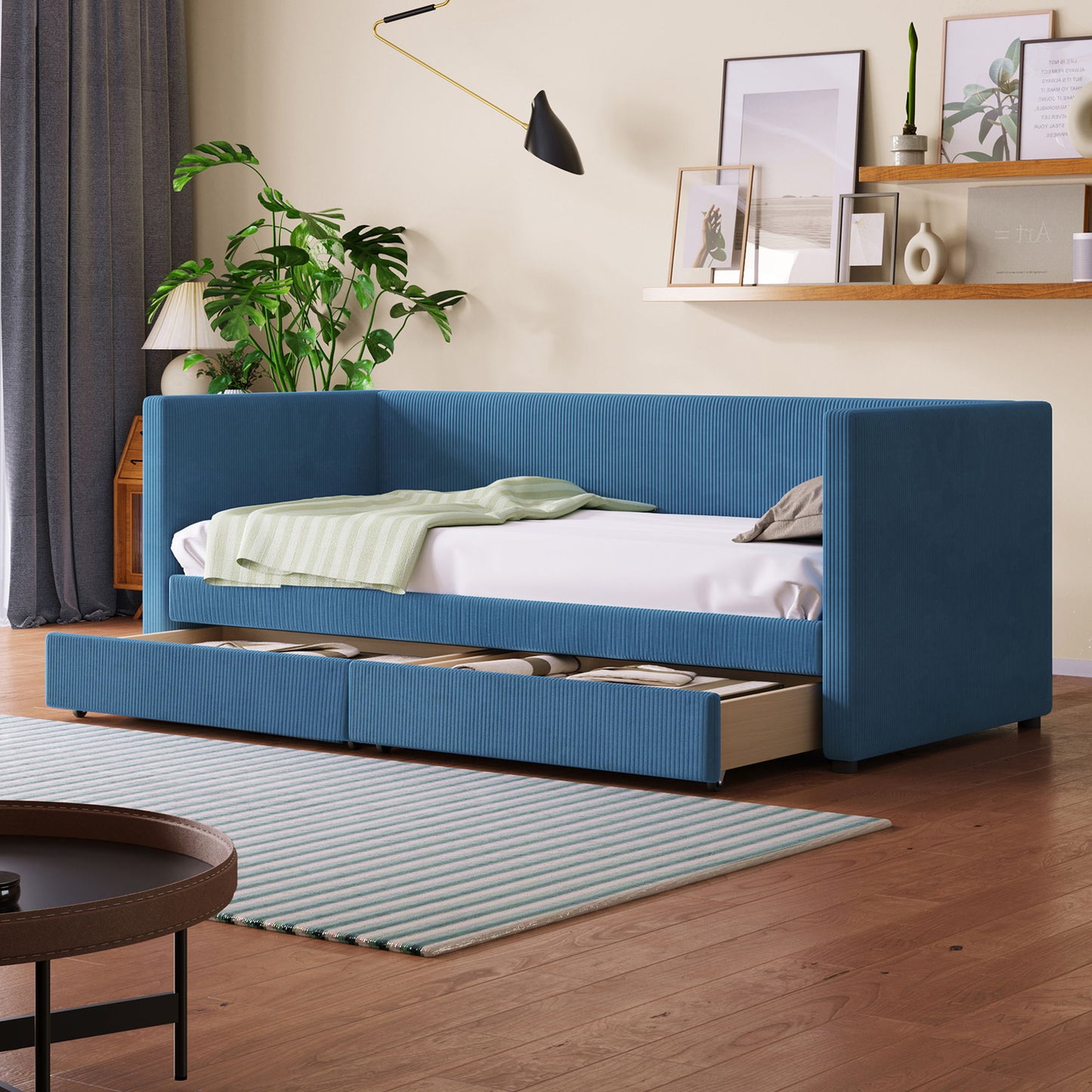 Corduroy Daybed With Two Drawers And Wood Slat