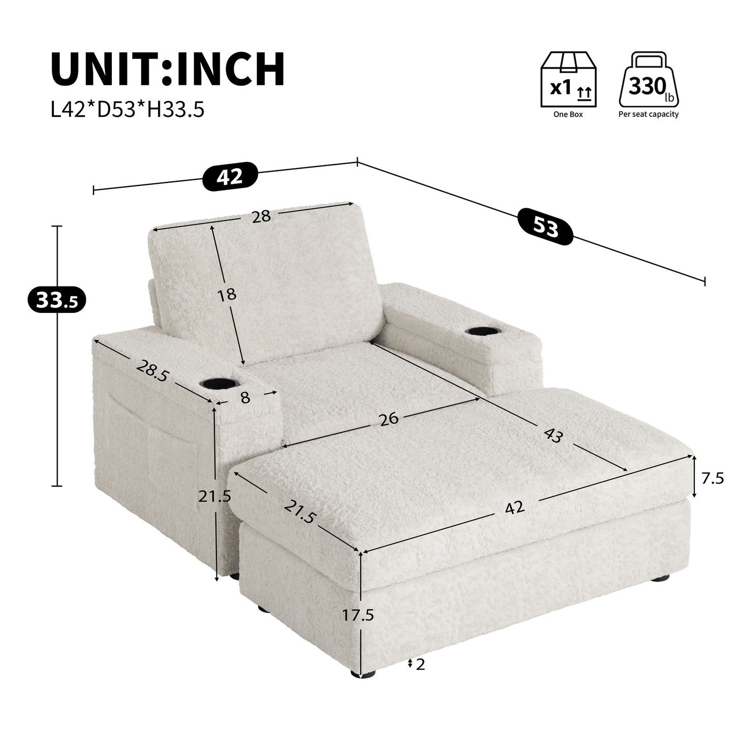 Oversized Chaise Lounge Indoor Rabbit Fur Sofa Bed With Storage Ottoman And Armrests Cup Holders With Deep Seat