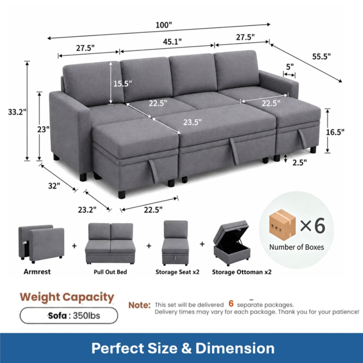 Extra Wide U - Shape Convertible Sleeper Sofa Bed With Dual Storage Ottoman