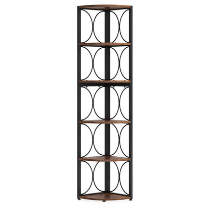 Tall 6 Tier Corner Bookshelf Storage Rack For Living Room - Rustic Brown