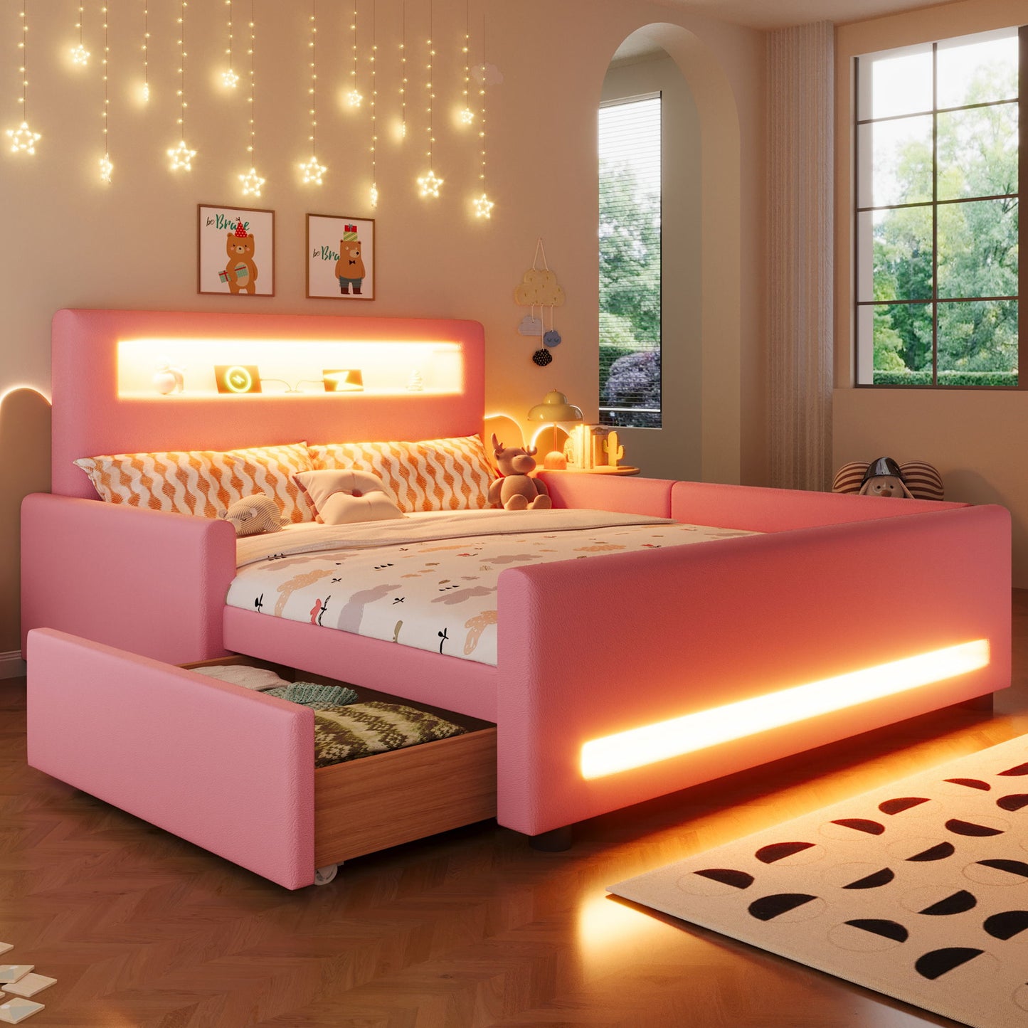 Upholstered Platform Bed With Drawer, LED Light Strip, USB Port