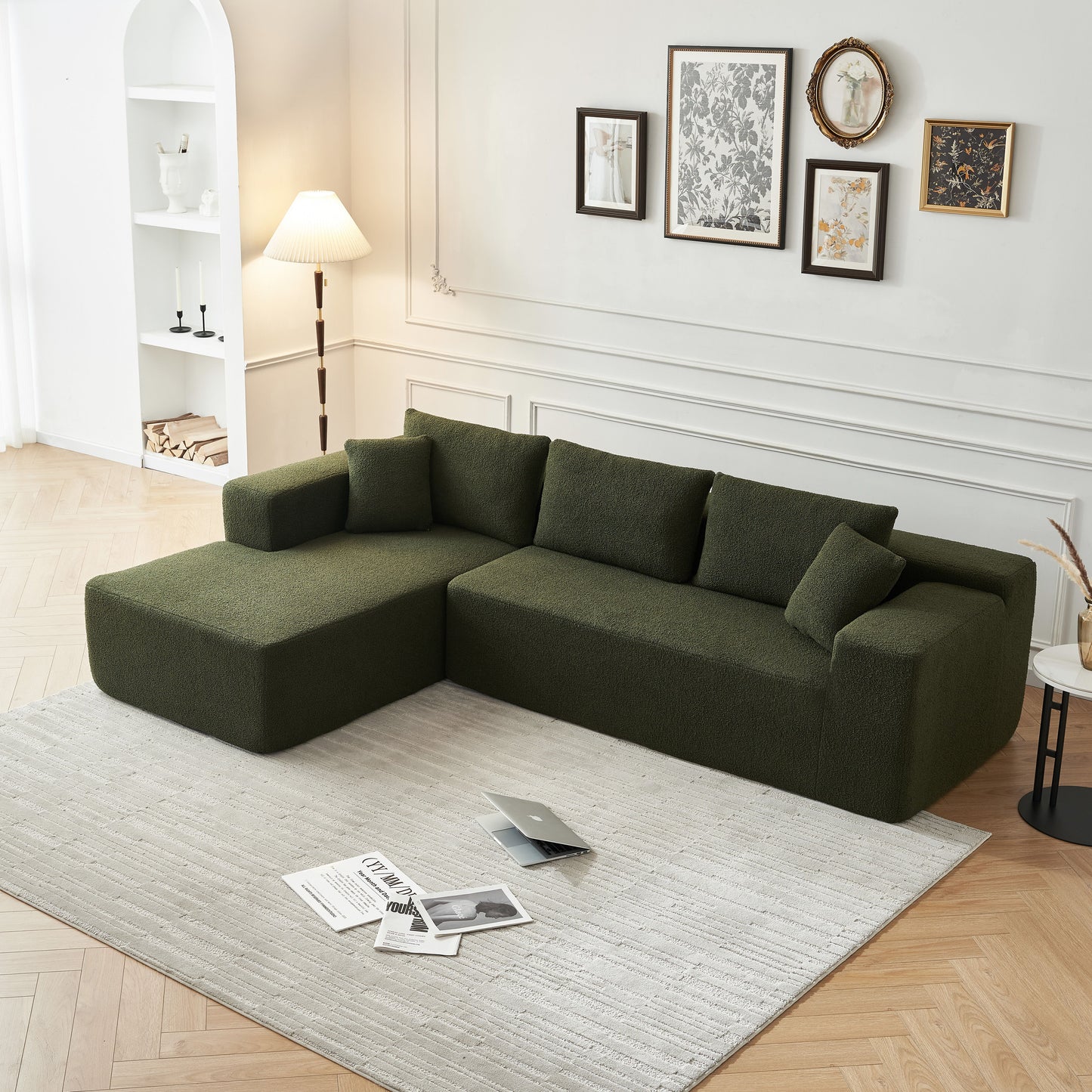 Sponge Sectional Sofa Couch For Living Room, L Shaped Modern Lamb Modular High Density Sponge Floor Sofa, Sherpa Fabric Sofa Couch With Chaise Lounge, Upholstered Corner Cloud Couch - Green