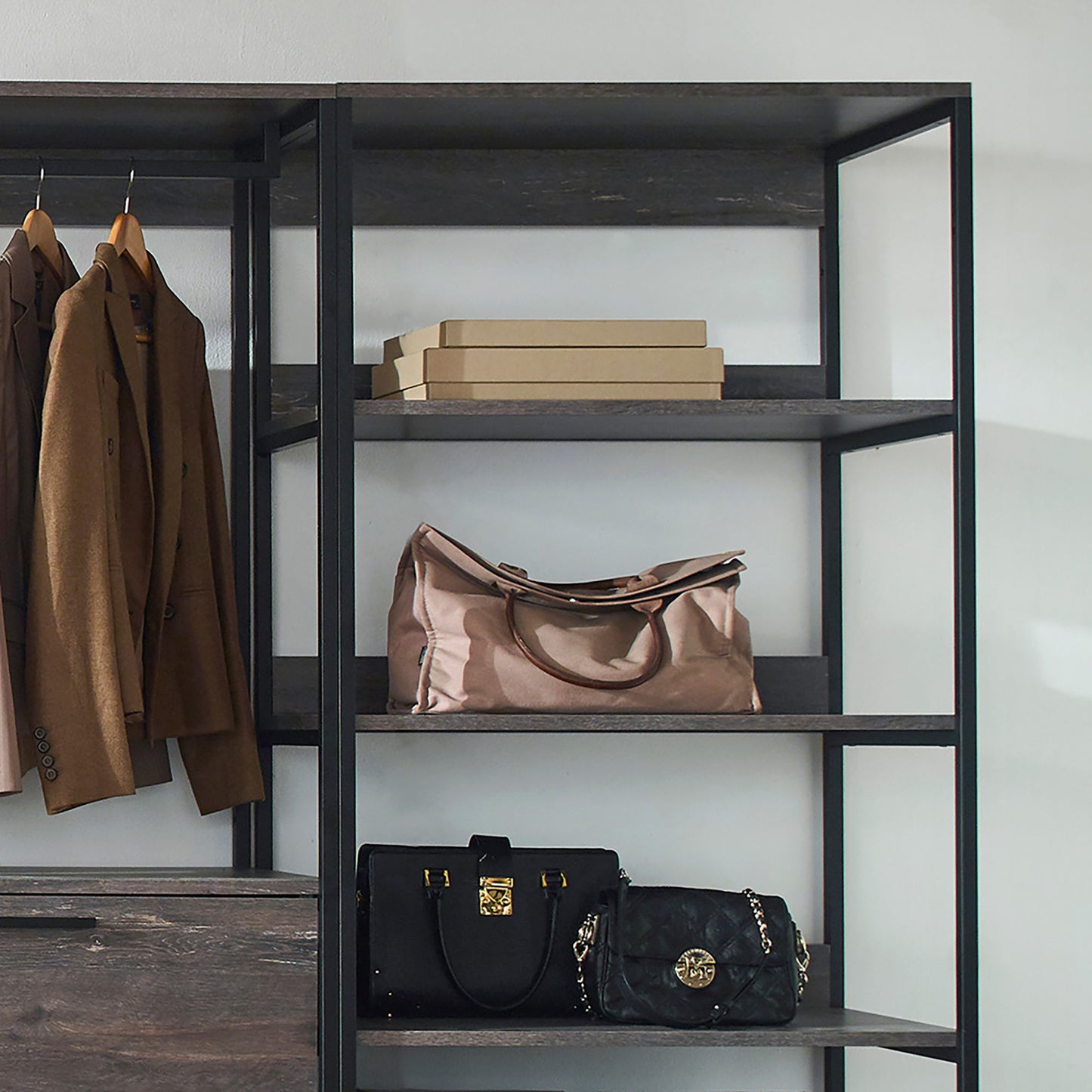 Monica - Wood Walk In Closet System, Powder Coated Metal Frame And Melamine - Rustic